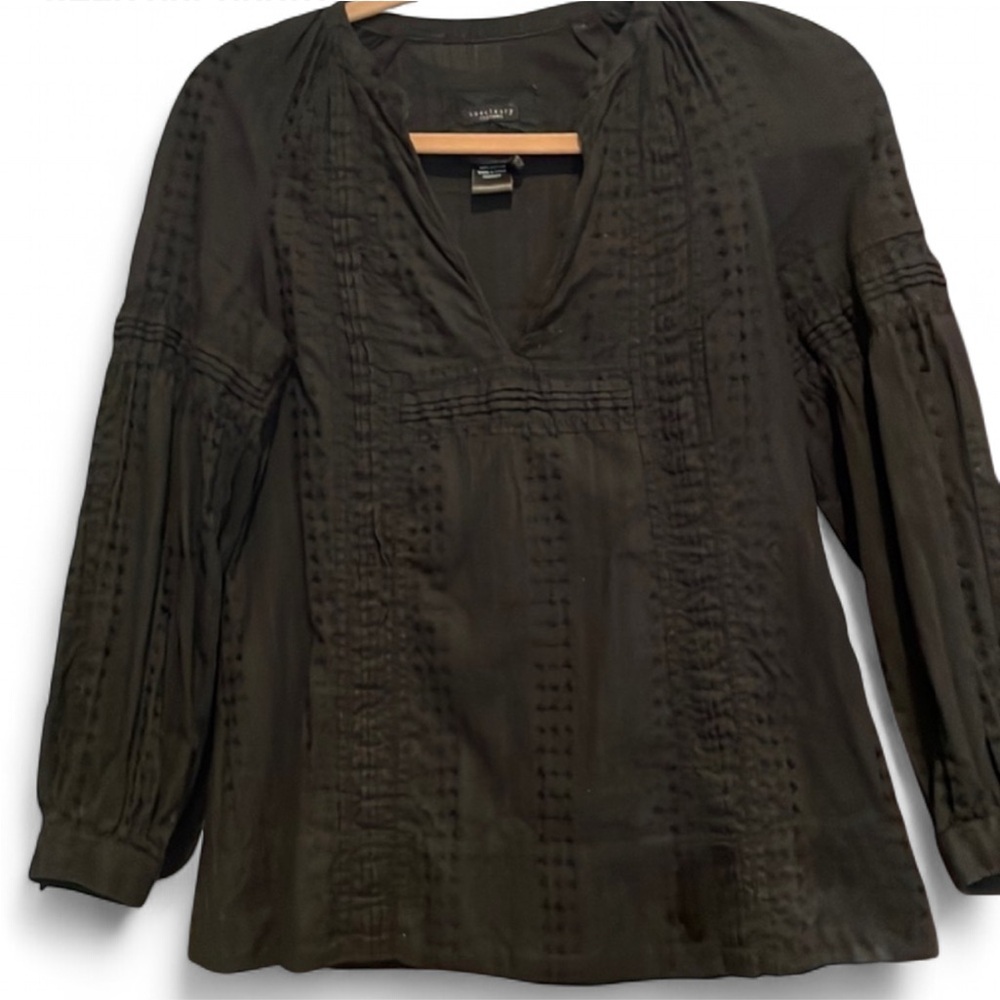 SANCTUARY BLACK LONG SLEEVE BOHO EMBROIDERED LIGHTWEIGHT BLOUSE V NECK MEDIUM